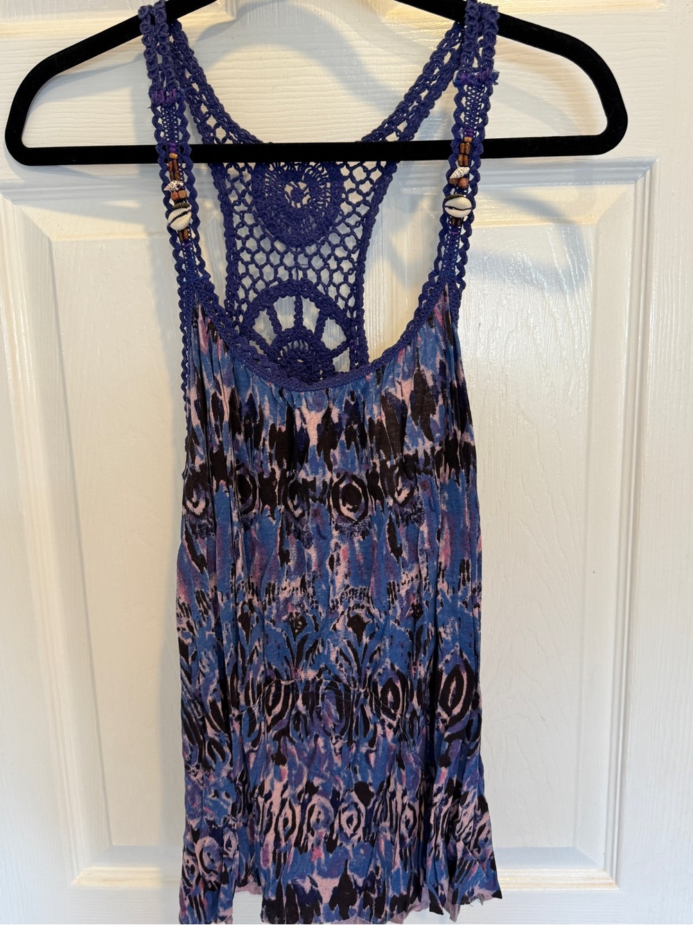 Free People Blue and Black Crochet-Back Printed Tank